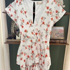 Altar'd State Floral V-Neck Romper- White and Orange